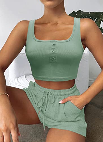 Laoara Women’s Sleeveless Crop Top And Drawstring Shorts Sweatsuits Summer Casual Tracksuits Green Xl #TOP2