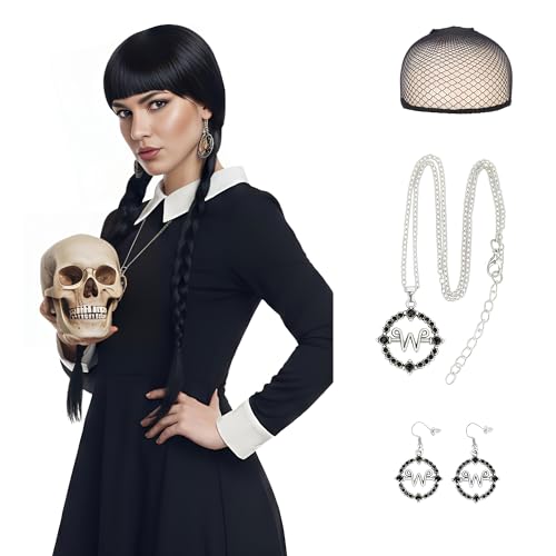 SEGOHAIR Wednesday Long Black Braids Wig with Bangs and Pigtails for Party Costume Halloween