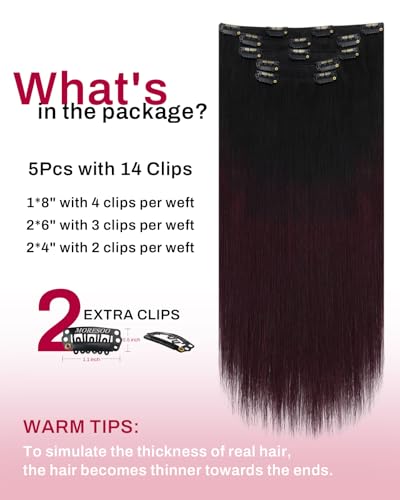 Image of Moresoo Burgundy Red Clip in Hair Extensions, Black Ombre 12in for Party | Invisible clip in extensions remy human hair, balayage black to cherry red, 80g 5pcs, double weft for short daily looks