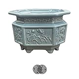 HUOMUSIR 8-Inch Large Octagon Bonsai Pot Light Blue Water Glaze Bonsai Tree Ceramic Flower Pot Handmade