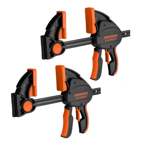 Image of Jorgensen E-Z Hold 2-Pack 6 inch 800LBS Heavy Duty Woodworking Bar Clamps | Expandable Clamp /Spreader, One Handed, Quick Release F Clamps, Trigger Clamp, Non-marring Pads, for Glue-ups & Framing