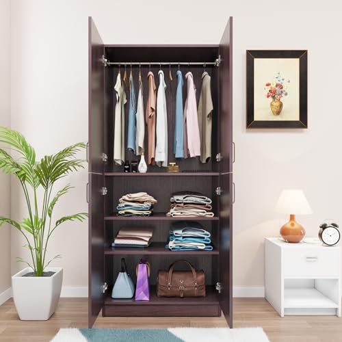 Image of VIKI Wardrobe | Wooden Almirah for 4 Small Door Wardrobe with Shelves & Hanging Space (Dark Wenge - 40D x 80W x 180.8H) | 1 Year Warranty | Free Assembly