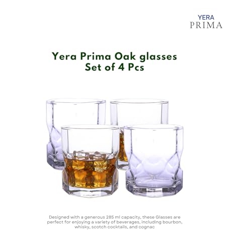 Image of Yera Prima Oak Whisky /Scotch /Water Glasses- 285 ml Each -Set of 4 pcs Tumblers Lead-Free Whiskey Glasses for Scotch Bourbon Cognac Brandy Cocktail Whiskey