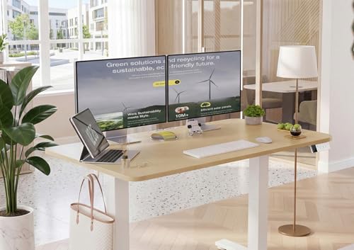 Image of YDN Electric Standing Desk Adjustable Height, 63 x 24 Inches Sit Stand up Desk with Memory Presets & Cable Management, Home Office Desk for Office & Computer Workstation, White Frame /Nature Top