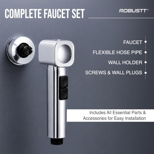 Image of Robustt Health Faucet for Toilet with Adhesive Wall Mount Holder | 2 Flow Modes | Jet Spray for Toilet with Stream & Rain Settings, Button Control, Chrome Finish Bathroom Faucet (Without Hose)