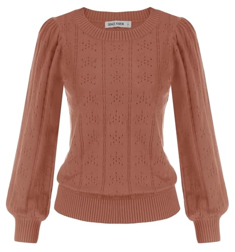 Image of GRACE KARIN Fall Sweaters for Women 2026 Puff Long Sleeve Crewneck Dressy Casual Tops Crochet Hollow Out Cute Pullover Blouse