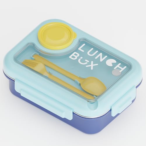 Image of 3 Compartment Stainless Steel Lunch Box for Kids & Adults, Steel Bento Tiffin with Cutlery, Leakproof BPA Free Lunch Container for School Office Travel (Blue)