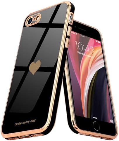Teageo for iPhone SE 2022, SE 2020, iPhone 7 Case, iPhone 8 Case Phone Case for Women Girl Cute Love-Heart Luxury Bling Plating Soft Back Cover Camera Protection Bumper Silicone Shockproof Case, Black