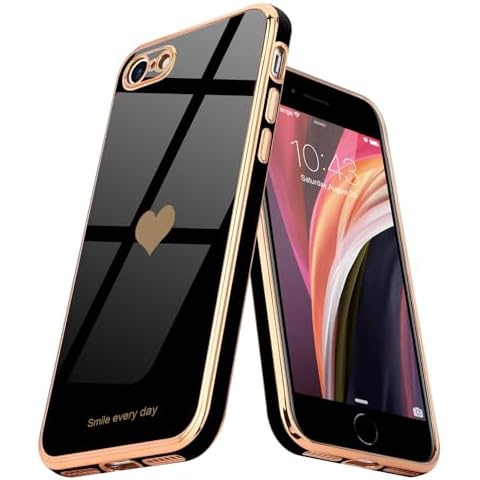 Teageo for iPhone SE 2022, SE 2020, iPhone 7 Case, iPhone 8 Case Phone Case for Women Girl Cute Love-Heart Luxury Bling Plating Soft Back Cover Camera Protection Bumper Silicone Shockproof Case, Black Cover