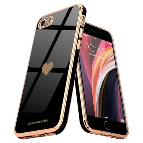 Teageo for iPhone SE 2022, SE 2020, iPhone 7 Case, iPhone 8 Case Phone Case for Women Girl Cute Love-Heart Luxury Bling Plating Soft Back Cover Camera Protection Bumper Silicone Shockproof Case, Black