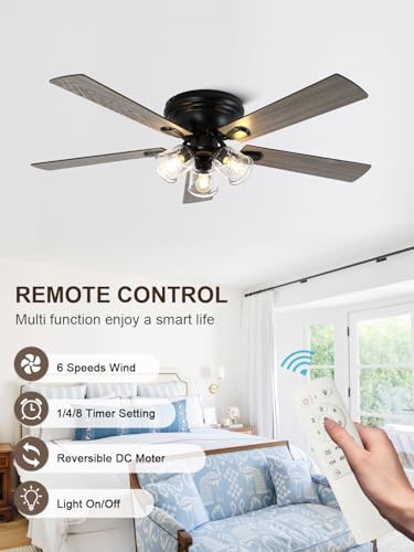 Image of 52 Inch Flush Mount Farmhouse Ceiling Fan with Lights and Remote | Rustic Fandelier Ceiling Fan, Low Profile Chandelier, 5 Dual Blade, for Bedroom Living Room, Reversible DC Motor 6 Speeds