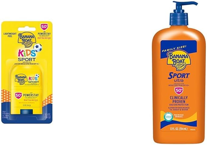 Banana Boat Kids Sport Protector solar en barra SPF 50, tamaño de viaje, 0,5 oz y loción deportiva ultra solar SPF 50, tamaño familiar, 12 oz