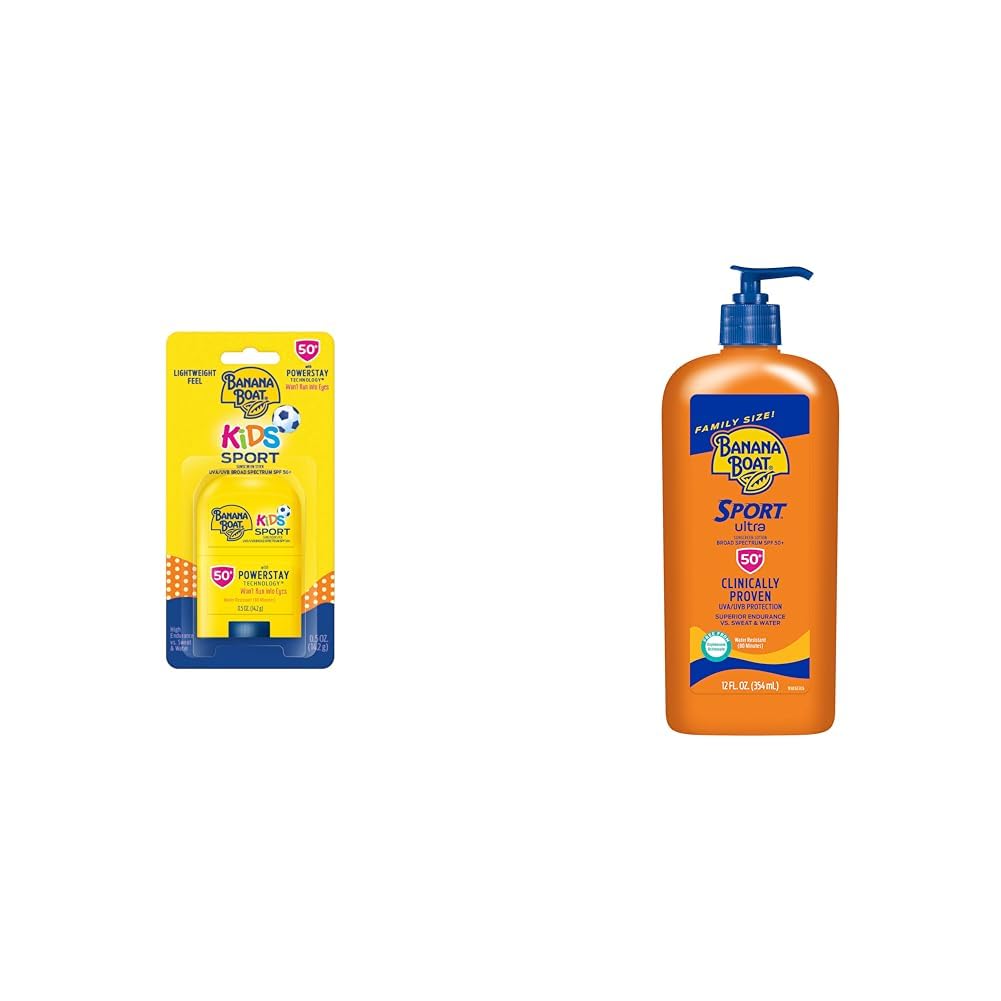 Banana Boat Kids Sport Protector solar en barra SPF 50, tamaño de viaje, 0,5 oz y loción deportiva ultra solar SPF 50, tamaño familiar, 12 oz