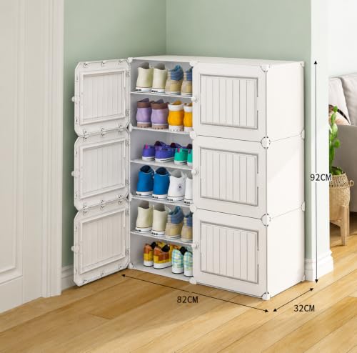 Image of Plastic Shoe Rack for Home with Door | 12-Shelf DIY Shoe Cabinet Organiser | Stores 24 Pairs | Foldable & Waterproof Shoe Stand for Entryway, Bedroom (White, 12-Layer)