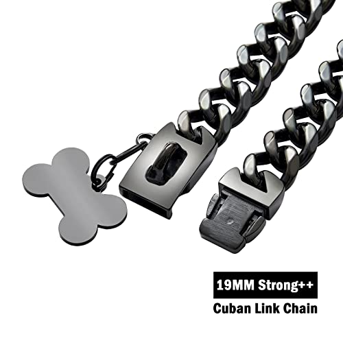 Black Metal Cuban Link Chain Dog Collar With Design Secure Buckle & Id Tag,Strong Stainless Steel Chain Doggy Walking Collar,Heavy Duty Chew Proof Training Collar For Large Dogs(19Mm 22'') #TOP2