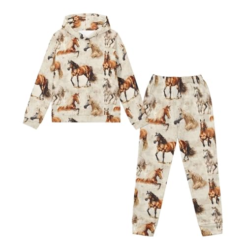 Gomyblomy Kids Hooded Sweatshirt and Sweatpants 2 Piece Jogger Set Boys Girls Tracksuit 5-12 Years Horse-theme Sweatsuit3