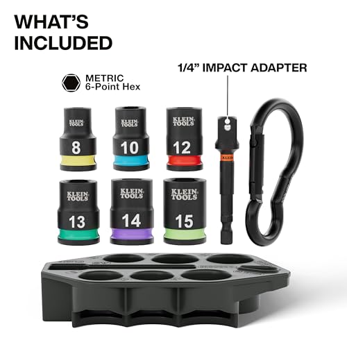 Image of Klein Tools 33808M Grab-And-Go Impact Socket Set, Metric, 7-Piece Set with Sleeve, Carabiner, 3 /8-Inch Drive, Color-Coded 8 mm, 10 mm, 12 mm, 13 mm, 14 mm, 15 mm Sockets
