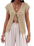Picture of Saodimallsu Womens Tie Crochet Shrug Short Sleeve Open Front Lightweight Knit Cropped Cardigan Sweaters Cover Up