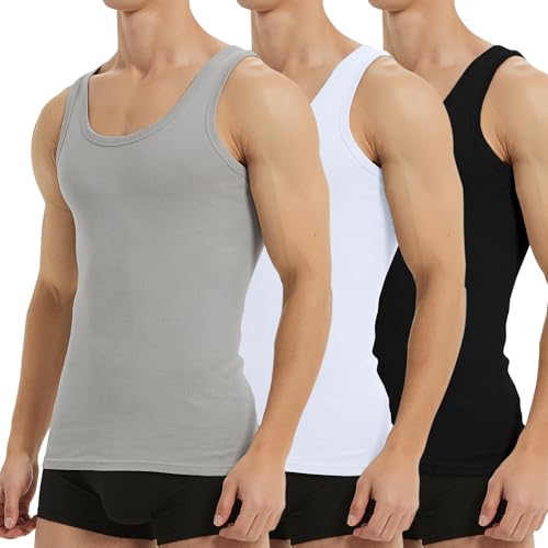 Falechay Camiseta Tirantes para Hombre Pack de 3 de Algodón 100% Camisetas Interiores Deporte más Colores Negro Blanco Gris S