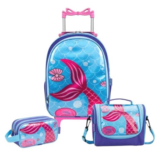 Kit Mochila de Rodinha Escolar Sereia Infantil Feminino + Lancheira Transversal + Estojo Duplo Menina