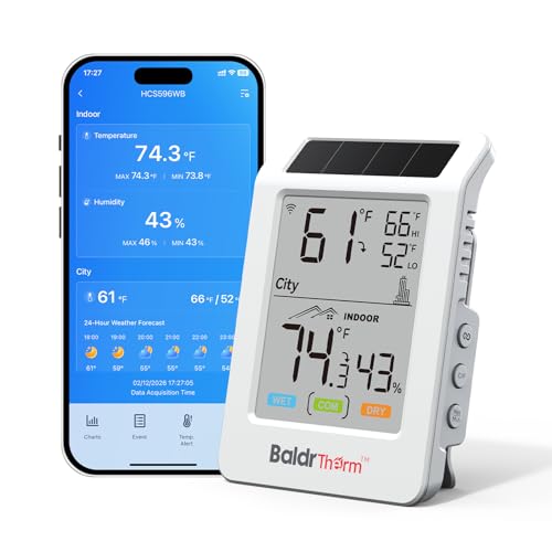 WiFi Thermometer Hygrometer Wireless Indoor Outdoor Temperature Humidity Monitor Solar Boost 3.9 Large Screen App Alerts for Home Greenhouse Pipe Protection Cellar & Baby Room