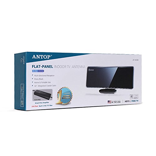 ANTOP AT-202B Flat-Panel Smartpass Amplified TV Antenna HD Indoor Usage with Built-in 4G LTE Filter 40/50 Mile Range Multidirectional Digital TV Antenna, 10' Cable, 4K UHD Ready, Piano Black