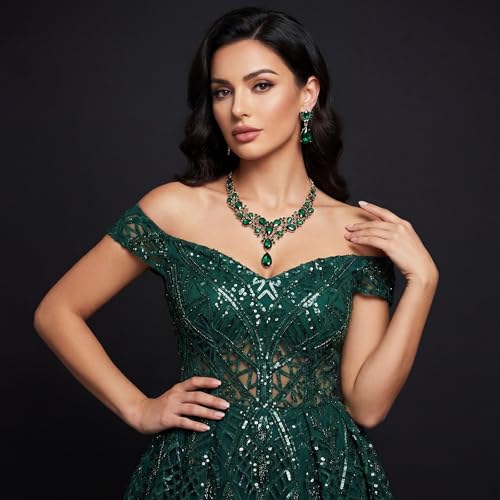 Hicarer Bridal Teardrop Cluster Crystal Jewelry Set for Women Necklace Earrings Wedding(Dark Green) by Hicarer - Used condition - Image 2