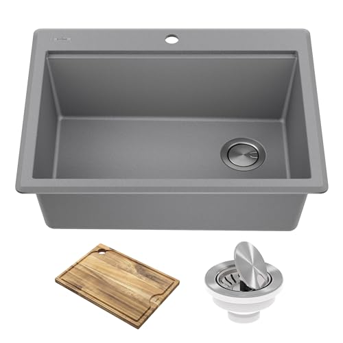 KRAUS Bellucci 28-inch Granite Workstation Drop In Top Mount Single Bowl Kitchen Sink in Metallic Grey with Accessories, KGTW12-28MGR