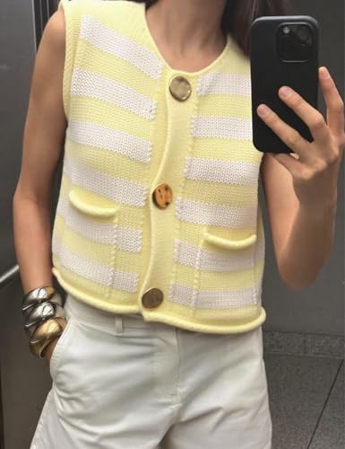 Womens Striped Cropped Sweater Vest Knitted Vests Top Button Down Crew Neck Sleeveless Cardigans with Pockets2