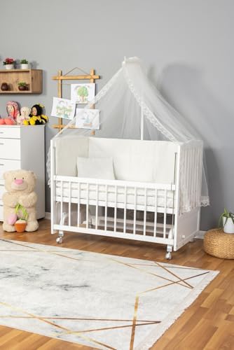 Tutku Ahşap Anne Yanı Bebek Beşiği 60X120 Krem Güpür Uyku Setli (Ahşap, Beyaztkr) - Görsel 1