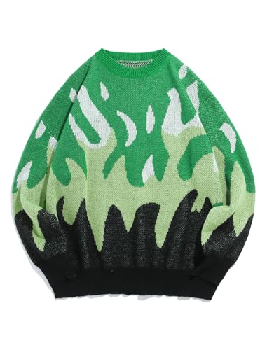 ZAFUL Men's Oversized Graphic Sweater Flame Y2K Aesthetic Crewneck Knit Pullover Unisex Vintage Sweaters Streetwear (2-A-Green,M)