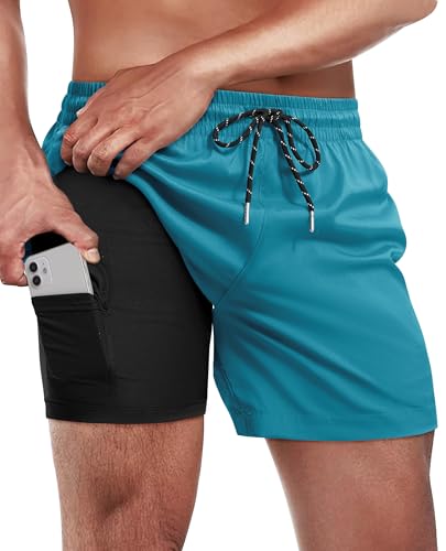 Image of Gleeease 5inch Mens Swim Trunks: 2 in 1 with Compression Liner Lined Soft Stretch Quick Dry Solid Pockets Drawstring Beach