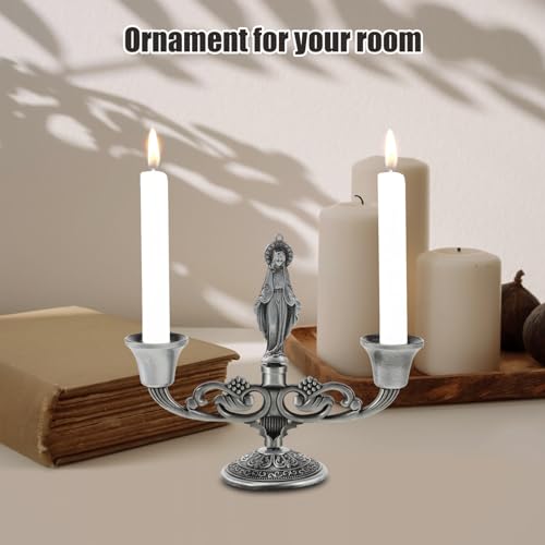 Alipis Candelabra Candle Holder, Crucifix Virgin Pillar Candle Stand 2 Arm Taper Candle Stand Candlestick Holder for Catholic Church Table Centerpiece Decor Sliver