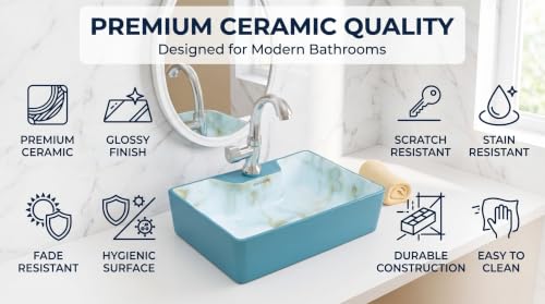 Image of SEA SHORE Ceramic Countertop Wash Basin, White Designer Table Top Bathroom Sink, Modern Over Counter Vanity Basin for Home, Hotel & Washroom, 16 x 12 x 5.5 Inch