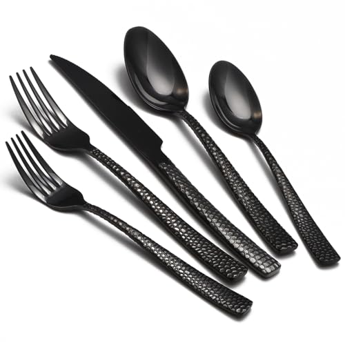 Black Hammered Silverware Set, 20 Piece Stainless Steel Flatware Set for 8, Food-Grade Tableware Cutlery Set for Home Restaurant, Mirror Polished, Dishwasher Safe