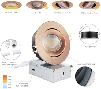 KnLnny Ware Bronze 4 Inch Led Gimbal Recessed Lights 6 Pack, Eyeball Soffit Lights with Junction Box,5CCT Selectable,9W 750LM,Dimmable
