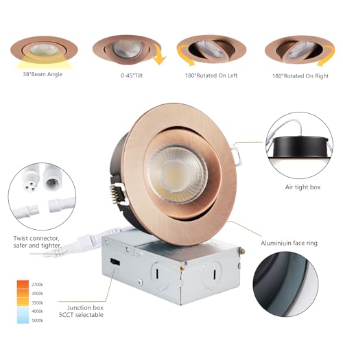 KnLnny Ware Bronze 4 Inch Led Gimbal Recessed Lights 6 Pack, Eyeball Soffit Lights with Junction Box,5CCT Selectable,9W 750LM,Dimmable