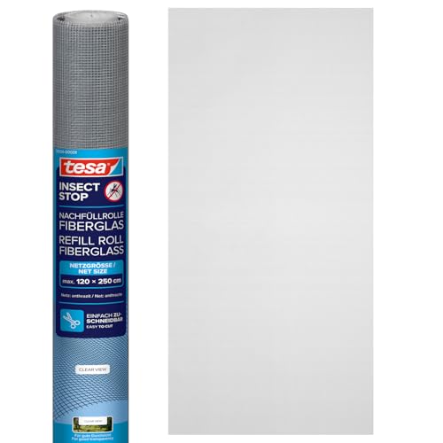 tesa INSECT STOP Nachfüllrolle Fiberglas - Fliegengitter Ersatzrolle aus Fiberglas-Gewebe für tesa Aluminium Rahmen Mückennetz Fenster & Tür - Ersatz-Rolle 120cm x 250cm, Anthrazit (Durchsichtig)