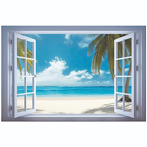 Sticker Trompe l’oeil Fenêtre Plage | adhésifs Effet 3D | Stickers muraux Chambre adulte - Sticker Mural 3D - Vue panoramique - Adhesif Mural Trompe l'oeil Chambre...