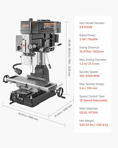VEVOR 15.875-Inch Mill Drill Machine, 2 HP, Benchtop Milling Drill Press, 150-2560 RPM Adjustable Speed, with Rotating Vise, Laser and Work Light, Milling Drilling Machine, for Woodworking Light Metal - Thumbnail 7