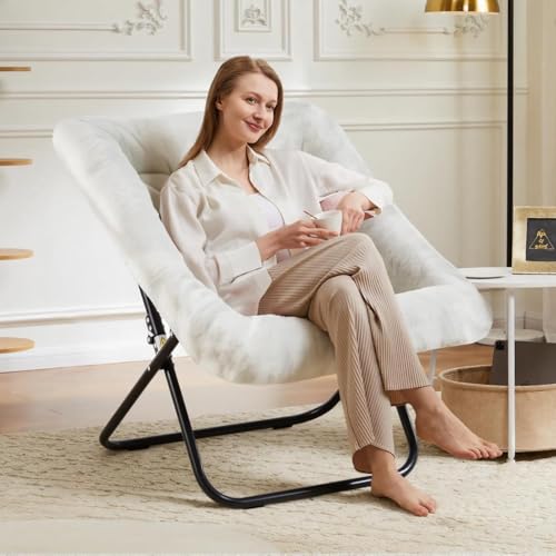 Image of Simple Deluxe Oversized Square Moon Chair for Adults, Soft Faux Fur Folding Lounge Chair with Sturdy Steel Frame, Comfortable Reading Gaming Chair for Living Room, Bedroom, White