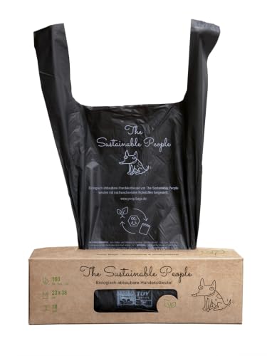 The Sustainable People 160 Bolsas biodegradables para excrementos de perro | Con asas, Grande, Grueso (18µm), Resistente, Impermeable, Certificado OK compost HOME, compostable en casa, Rollo grande
