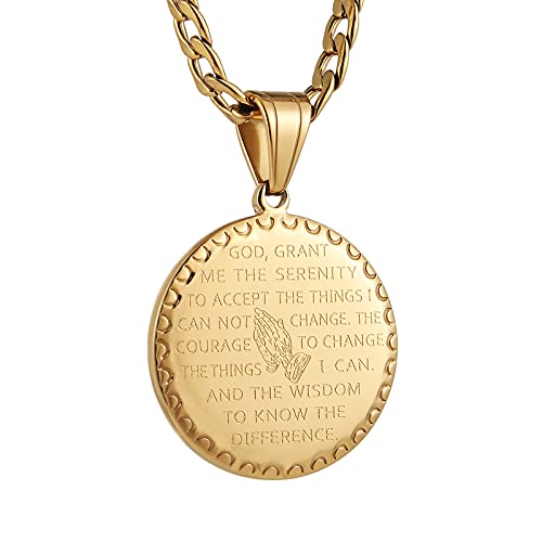 HZMAN Bible Verse Prayer Necklace Christian Jewelry Gold Stainless Steel Praying Hands Coin Medal Pendant