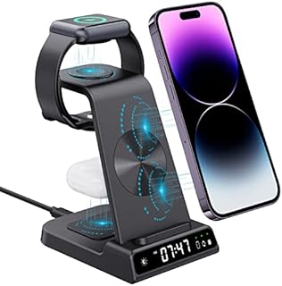 doeboe Wireless Charger, 3 in 1 Wireless Charging Station with Digital Clock for iPhone 14 Pro Max/14 13 12 Pro, Docking Station for Airpods Pro/2/3, Watch Charger Stand for iWatch SE/8/7/6/5/4/3/2/1