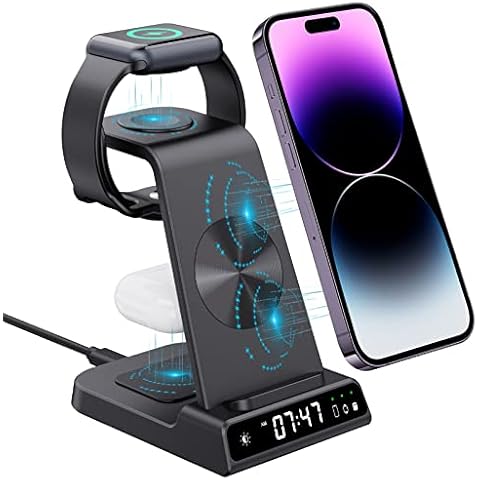 doeboe Wireless Charger, 3 in 1 Wireless Charging Station with Digital Clock for iPhone 14 Pro Max/14 13 12 Pro, Docking Station for Airpods Pro/2/3, Watch Charger Stand for iWatch SE/8/7/6/5/4/3/2/1 Cover