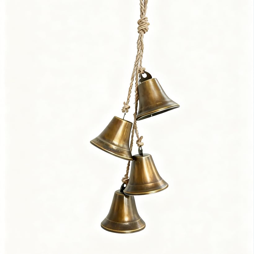 Peziang 4Pcs Vintage Handmade Cow Bell Cluster - Metal Bells on 40cm Jute Rope, for Christmas Decor, Wedding, Farm Livestock & Home Wall Hanging