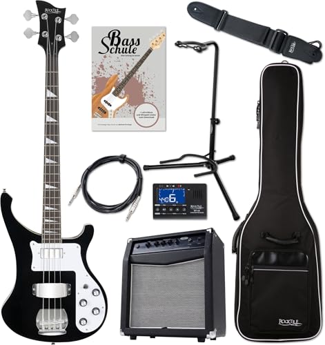 Rocktile Pro RB-400B Blackbird E-Bass Super Set - 4-Saiter Longscale E-Bass - Inklusive Amp, Gigbag, Tuner, Gurt, Ständer, Kabel und Schule - schwarz