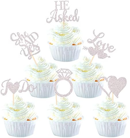 36 Pack He Asked She Said Yes Cupcake Toppers Glitter Love Heart I do Ring Bridal Shower Cake Food Picks Decorations for Wedding Engagement Theme Party Supplies Silver