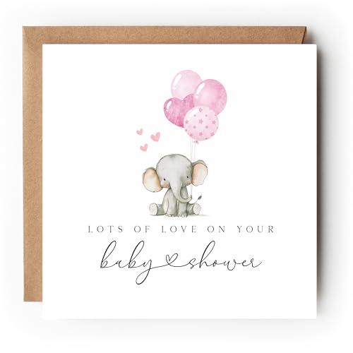 Baby Shower Greeting Card with Cute Elephant and Pink Balloons 15x15 cm 300gsm Card Kraft Envelope Included