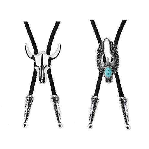 Silber 2Pcs Bolo Krawatte Schnürsenkel Cowboy Tie Set 39 Zoll Leder Seil Kuh Schädel und Adler Eingelegt Türkis Design Western Rodeo Thema